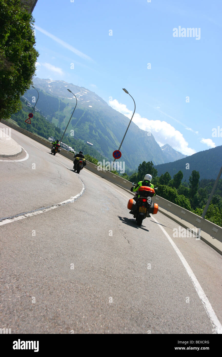 Motorcycles climbing the C-28 mountain road out of Arties in the Catalonia region of the Spanish Pyrenees Stock Photo
