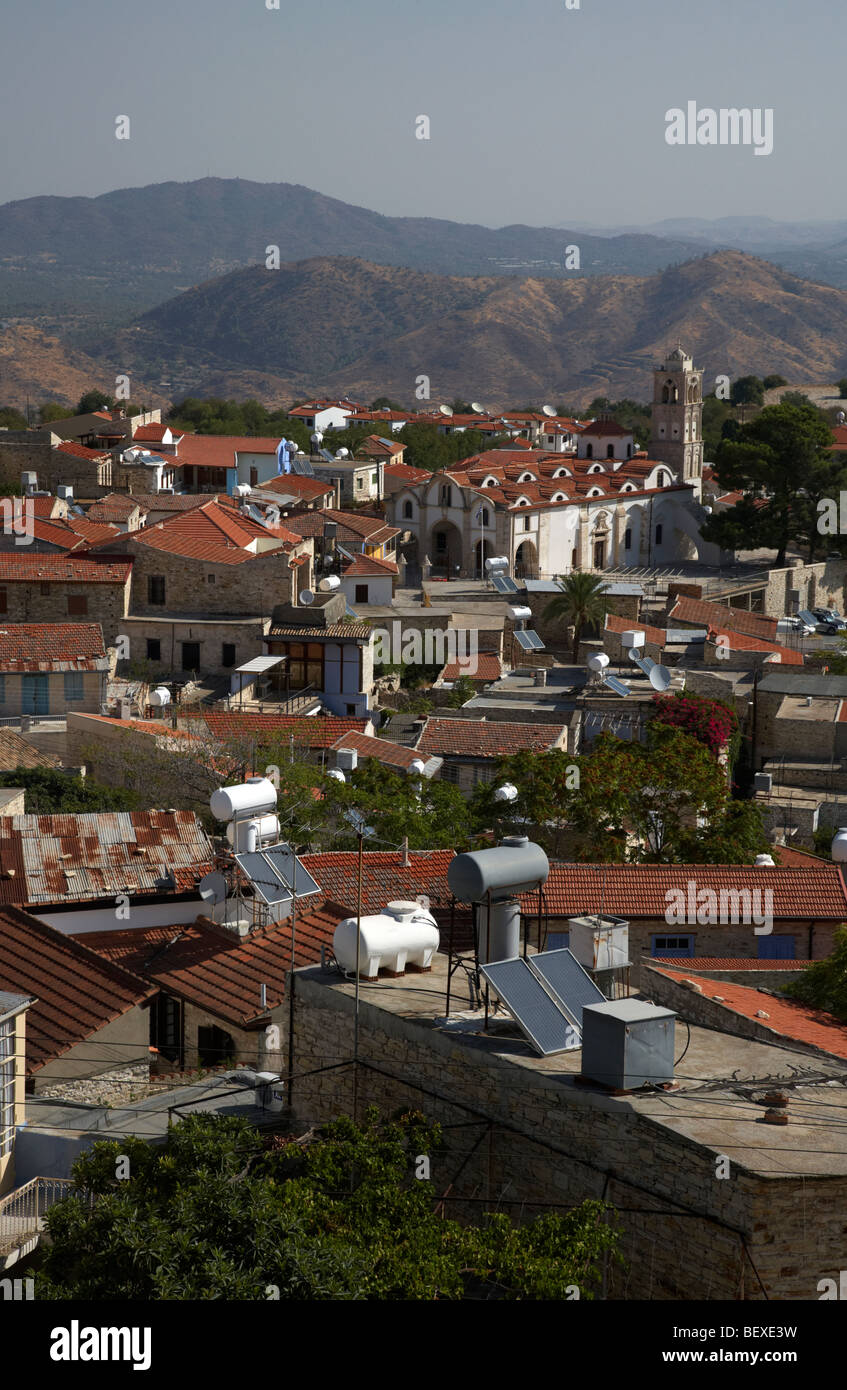 view over rooftops of traditional stone houses and steep streets in pano lefkara republic of cyprus europe Stock Photo