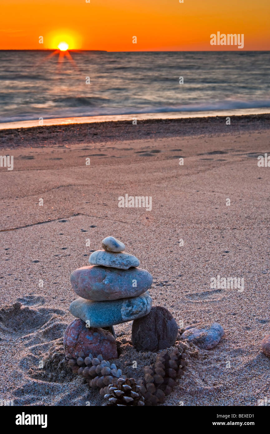 Stone man formation along the beach at Agawa Bay during sunset,Lake Superior,Lake Superior Provincial Park,Great Lakes,Ontario, Stock Photo
