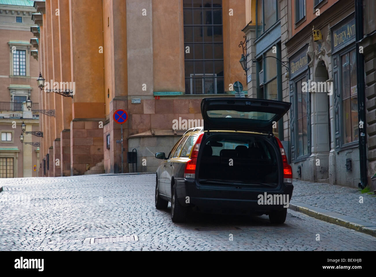 Estate car with back door open in Gamla Stan the old town of Stockholm Sweden Europe Stock Photo