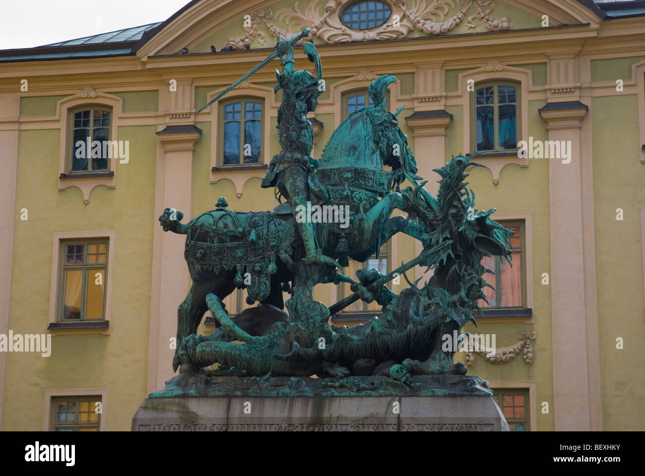 Statue of St George and Dragon at K pmantorget in Gamla Stan the old town of Stockholm Sweden Europe Stock Photo