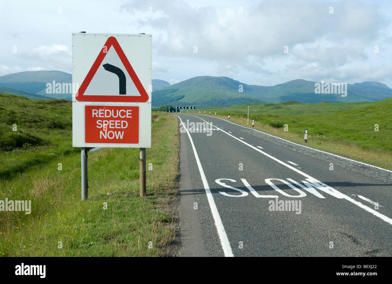 Road sign warning to slow down on the Rannoch Moors, Scotland Stock Photo