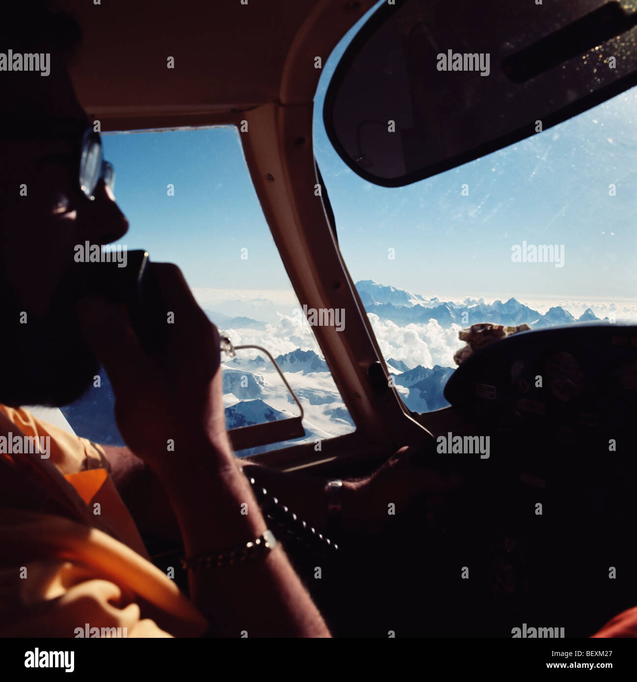 Flying over the Swiss Alps in a Piper Cherokee Arrow, single engine light aircraft Stock Photo