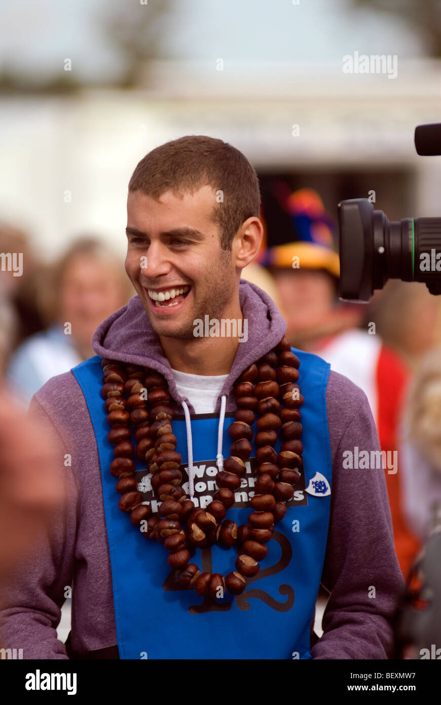 Joel Defries BBC Blue Peter TV presenter competing at the 45th World Conker Championships near Ashton Northamptonshire 11th Oct Stock Photo