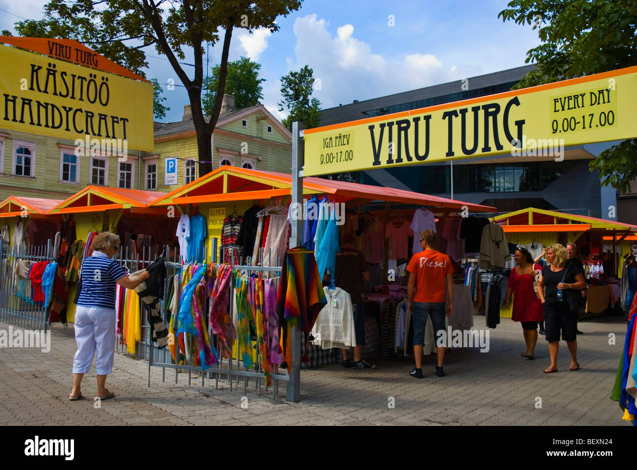 Viru Turg handicraft market along Mere pst street in central Tallinn Estonia Europe Stock Photo