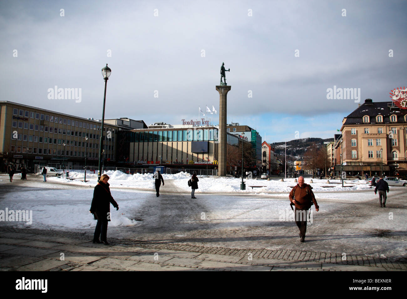 Viking statue and people walking in Trondheim city centre Norway Stock