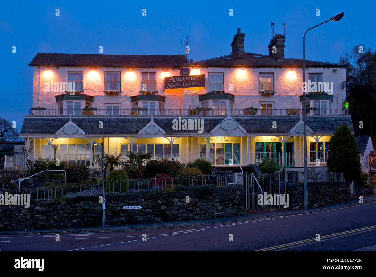 Salutation hotel at night, Ambleside, Lake District National Park, Cumbria, England UK Stock Photo