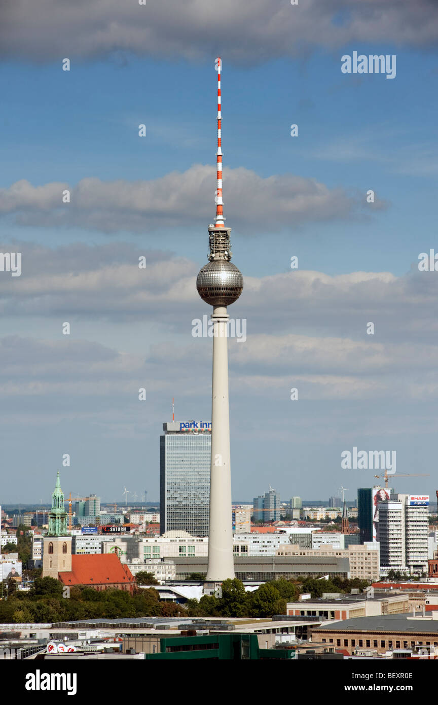 Detail of  television tower or Fernsehturm at Alexanderplatz in Berlin Germany Stock Photo