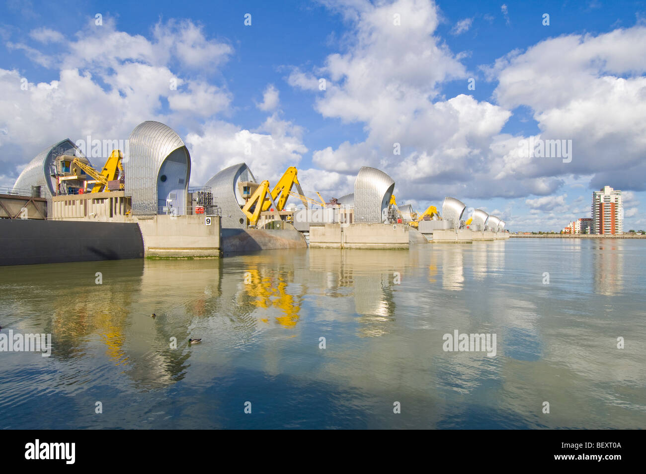 The Thames Barrier on the down stream side with the gates in the raised (defensive) position to allow 'underspill'. Stock Photo