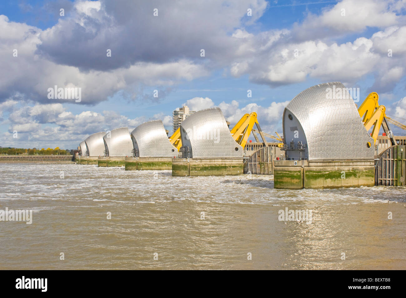 The Thames Barrier on the up stream side with the gates in the raised (defensive) position to allow 'underspill'. Stock Photo