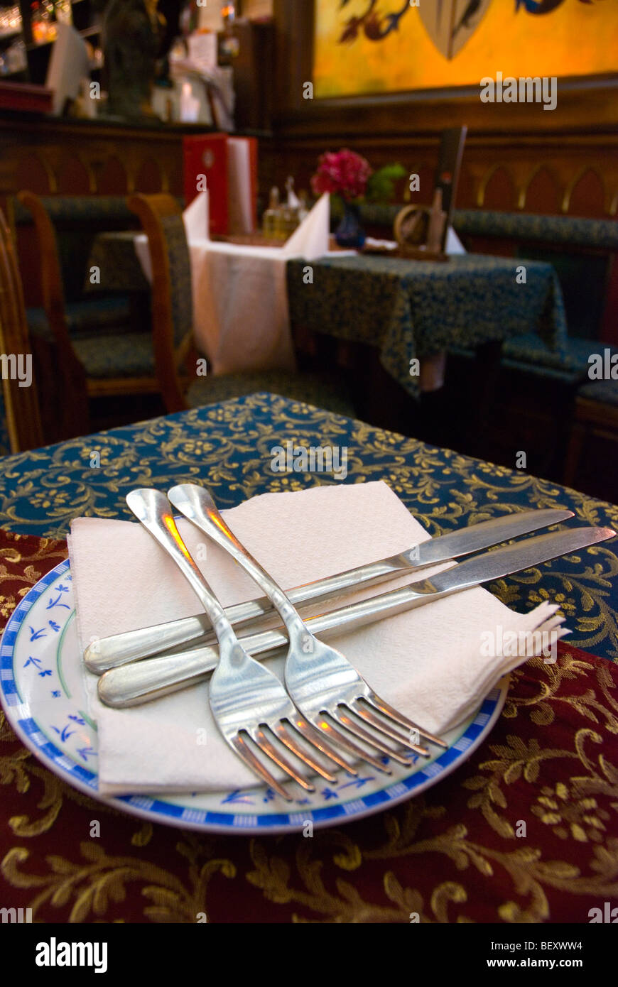 Forks and knives set the Central European way in a restaurant Sopron Hungary Europe Stock Photo