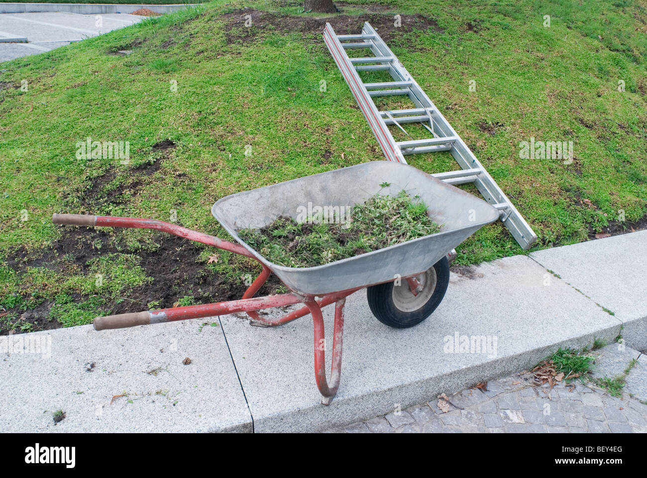 Wheelbarrow and ladder in a public park Stock Photo Alamy