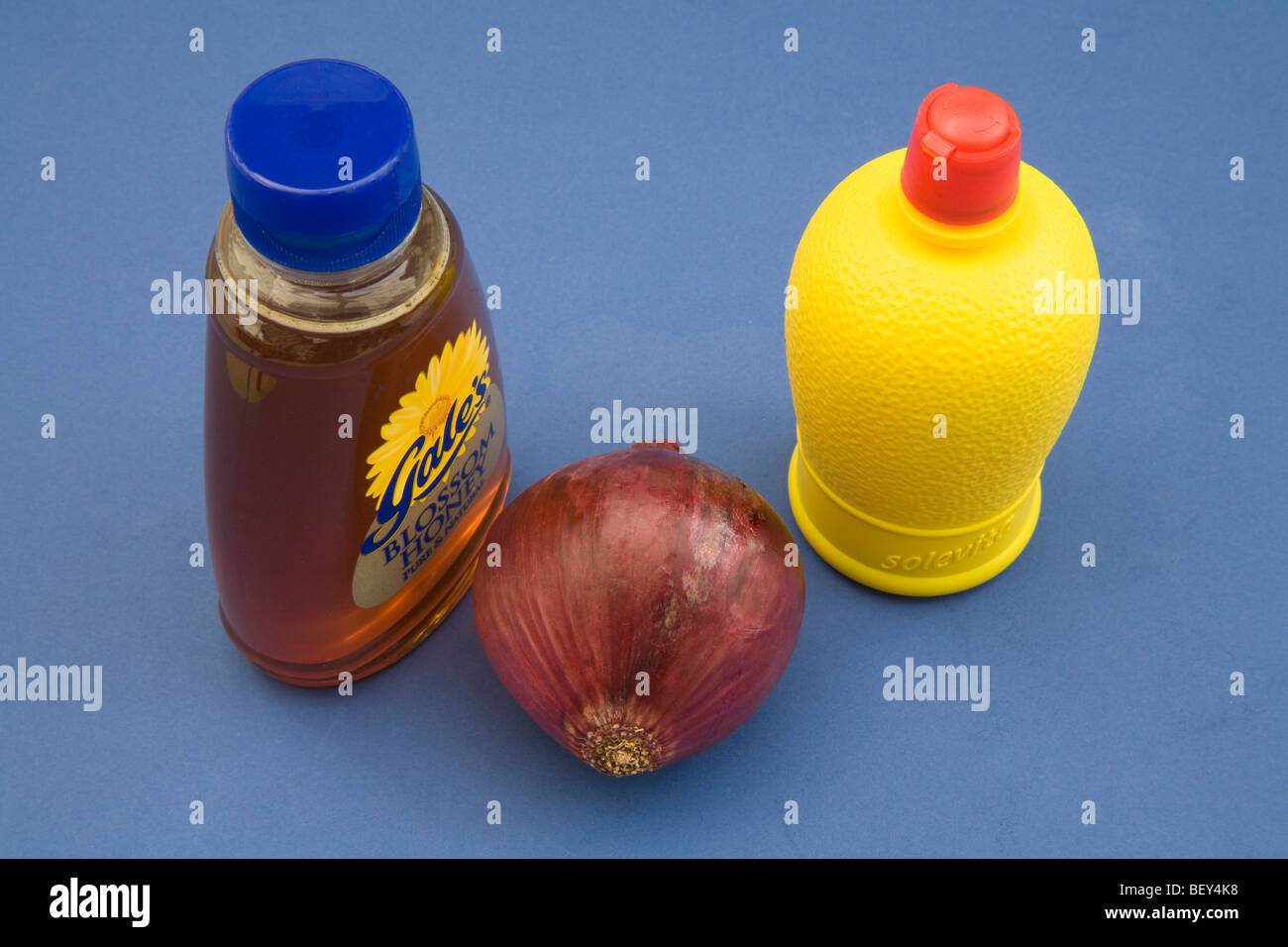 Studio close up Honey onion and lemon juice ingredients for a natural
