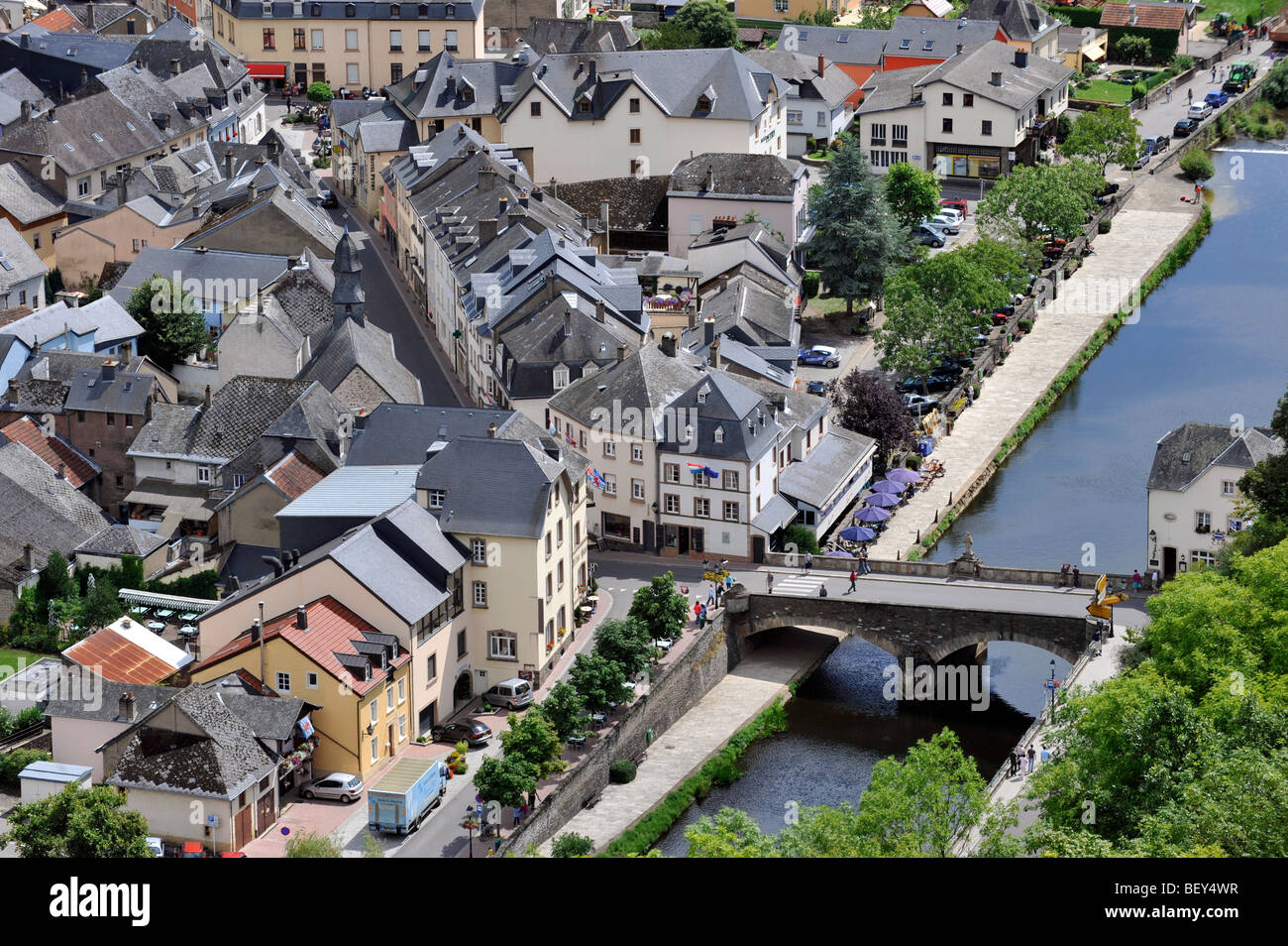 Aerial view of the town centre, Vianden, Grand Duchy of Luxembourg. Stock Photo