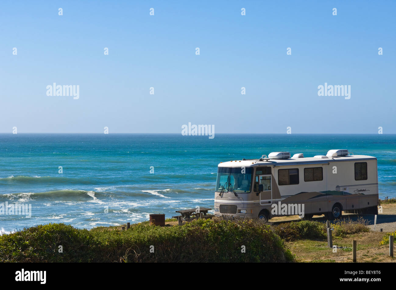 RV motorhome along the Northern California coastline near Mendocino. Stock Photo