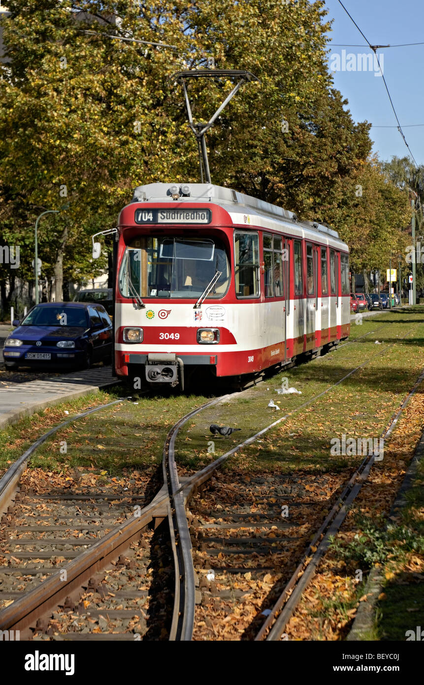 Tram at the terminus of the 704 route in northern Düsseldorf, Germany. Stock Photo