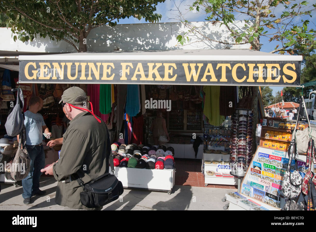 Stall holders at Ephasus in Turkey selling fake merchandise Stock Photo