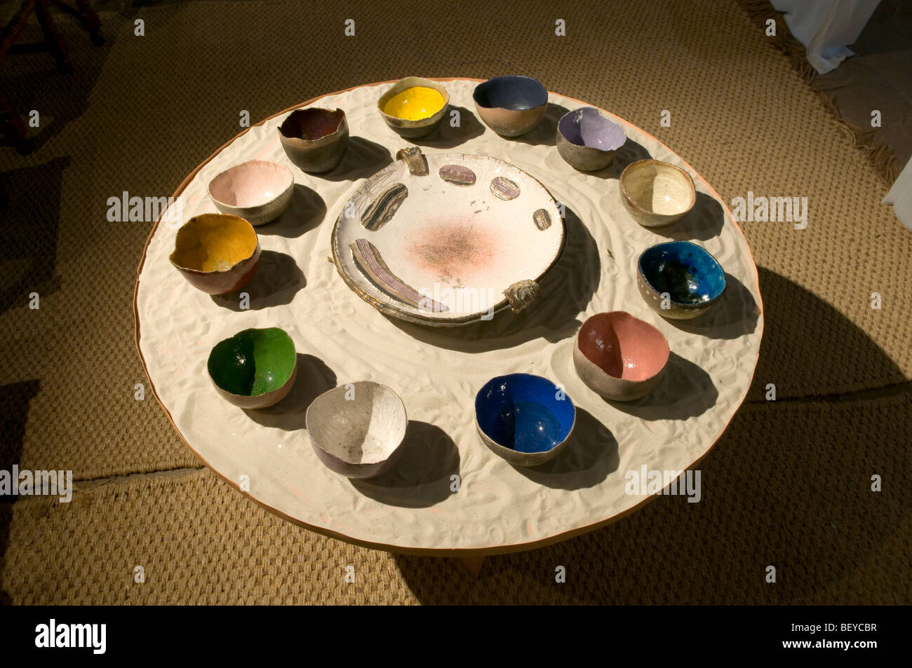 twelve ceramic bowls as symbol of the twelve apostles - work of artist Iza Emberger Stock Photo