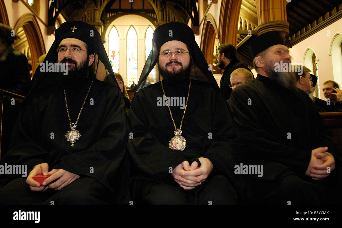 Senior members of the Romanian Orthodox Church attend a service at Shetlleston Old Parish Church in Glasgow, Scotland. Stock Photo