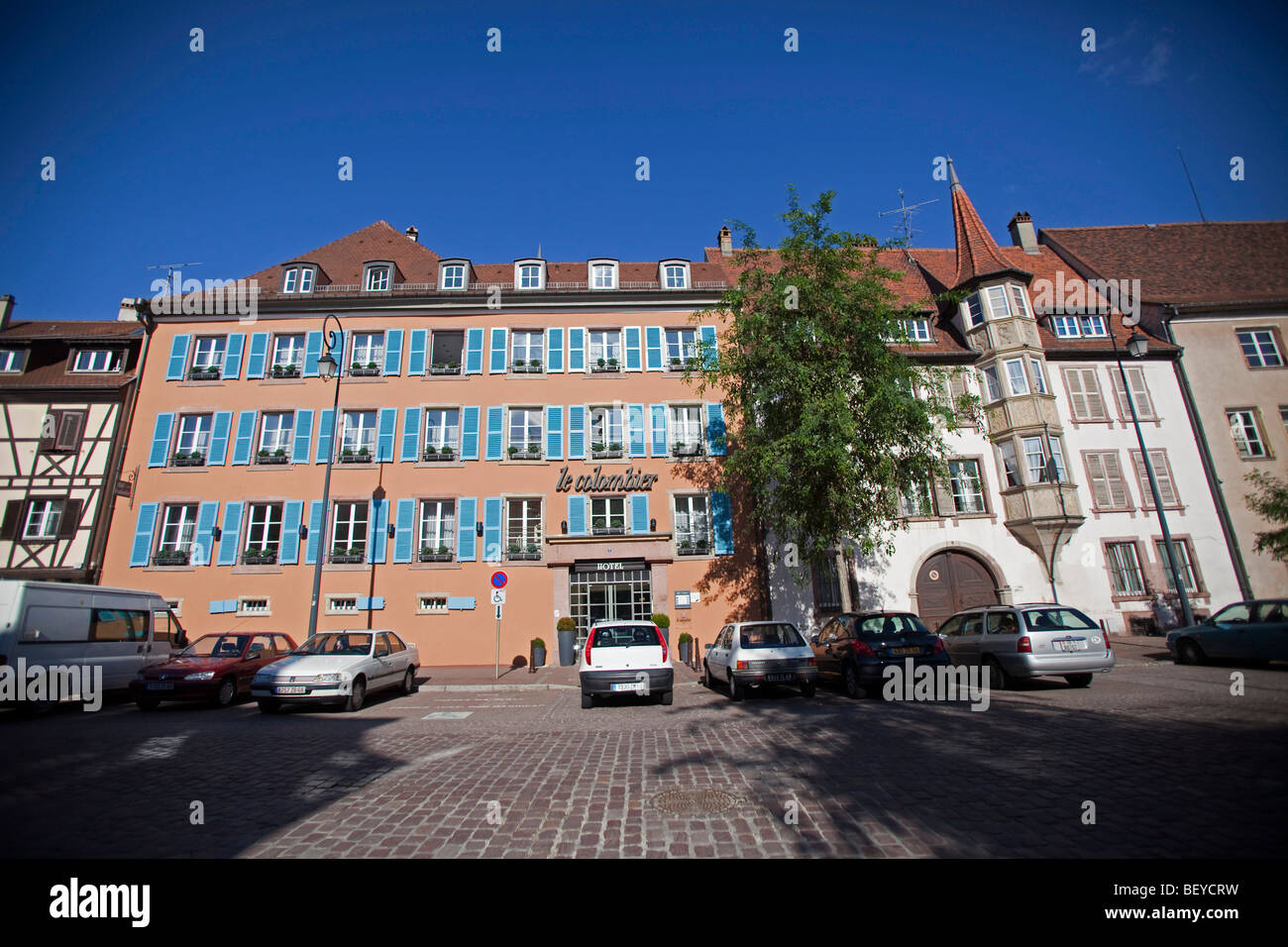 Traditional architecture buildings, street view in Colmar Alsace haut ...