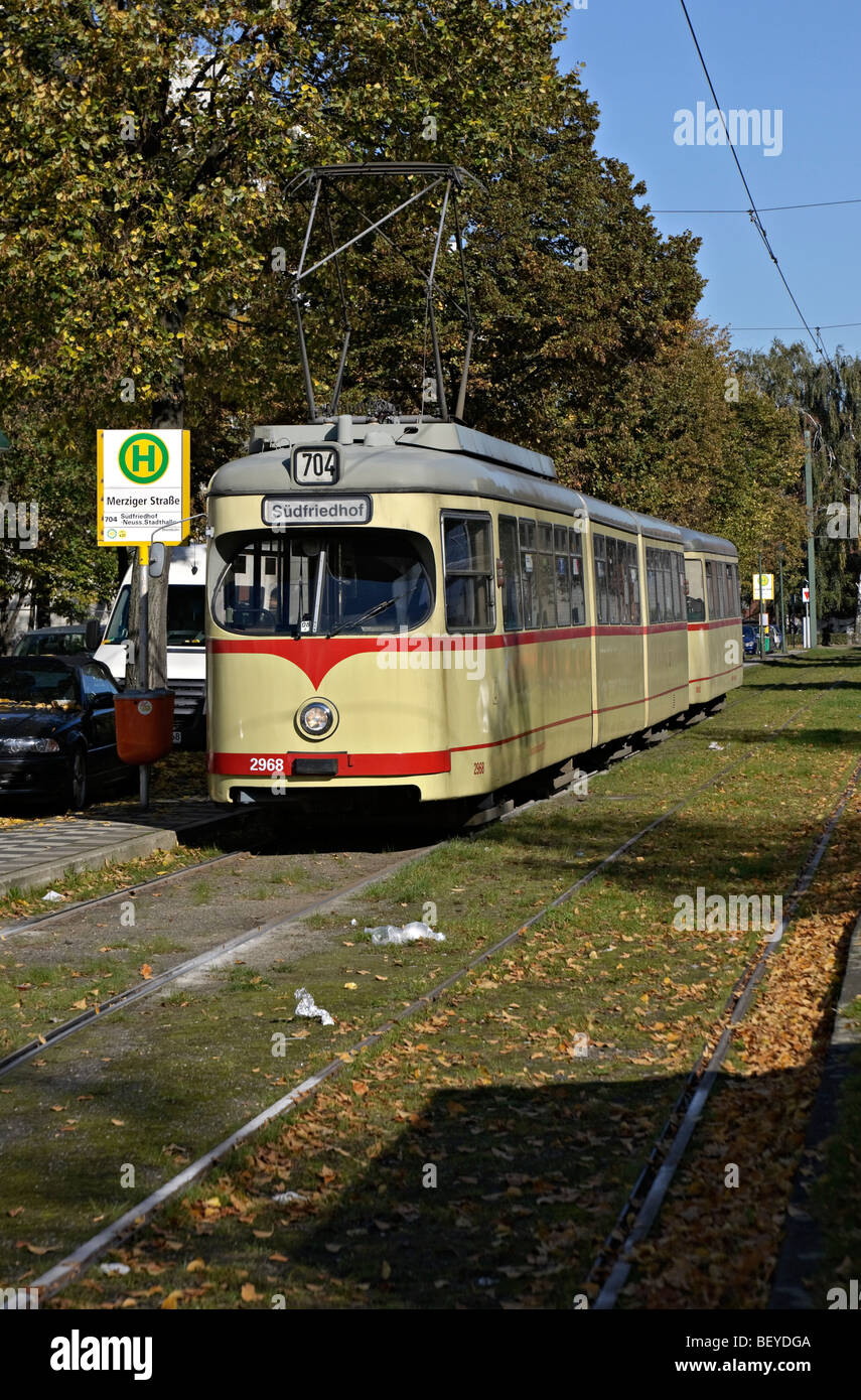 Tram at the terminus of the 704 route in northern Düsseldorf, Germany. Stock Photo