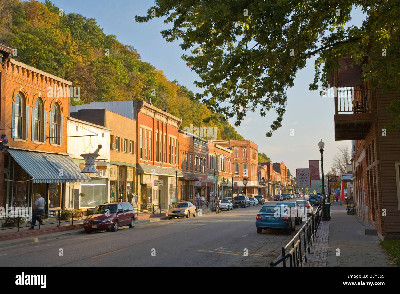 Historic main street of McGregor, a river town on banks of Mississippi River, Northeast, Iowa, USA Stock Photo