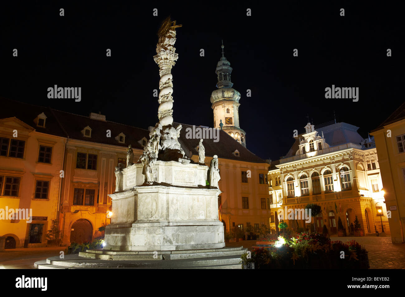 The Holy Trinity Statue, the first Baroque twisted coloumn in Central Europe. 1695-1701 - Fo Square - Sopron, Hungary Stock Photo