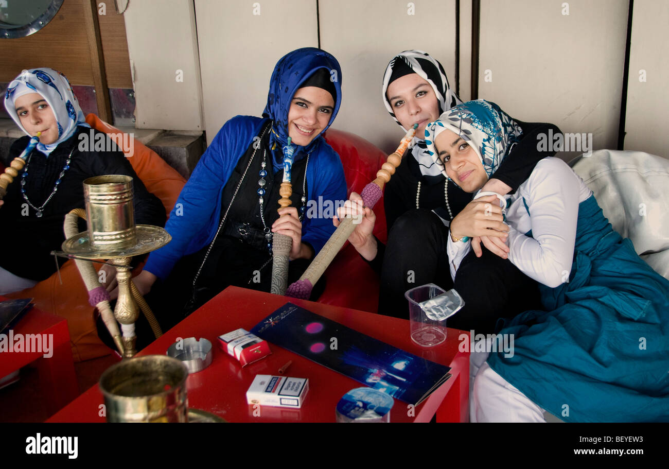Istanbul Turkey Teenagers girl girls woman women water pipe Stock Photo