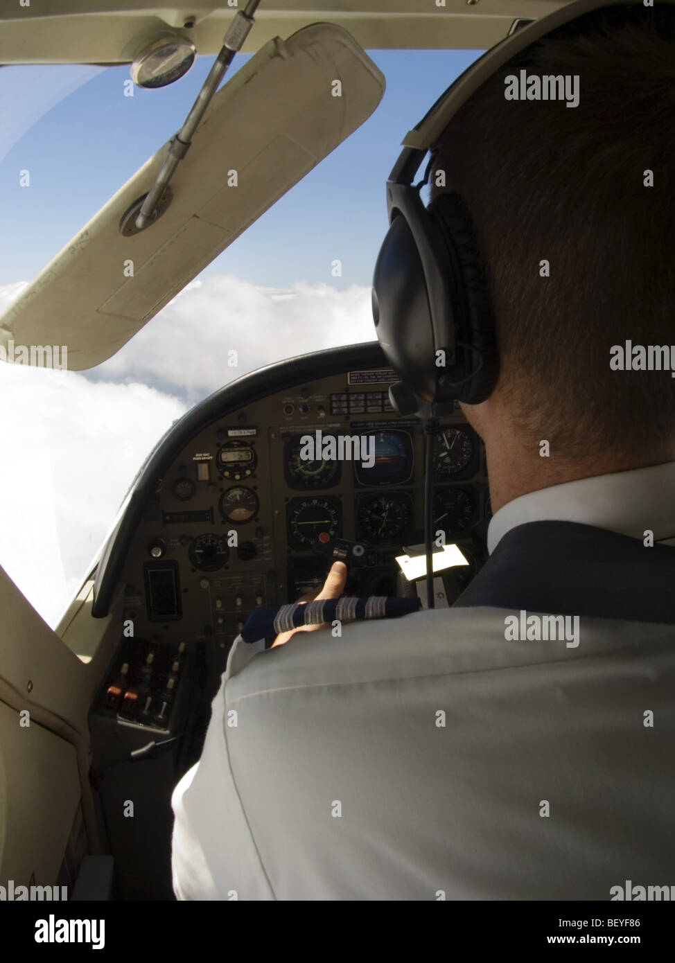 Commercial Aviation, Aircraft in flight. Commuter Flight, Small Plane,Pilot at Controls, Pilots point of view Stock Photo