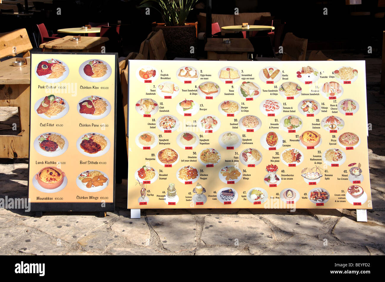 Restaurant menus, Town Square, Ayia Napa, Famagusta District, Cyprus Stock Photo