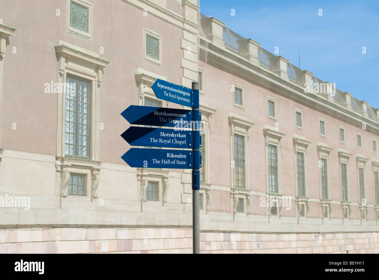 blue signs in font of kungliga slottet the royal palace of sweden Stock Photo
