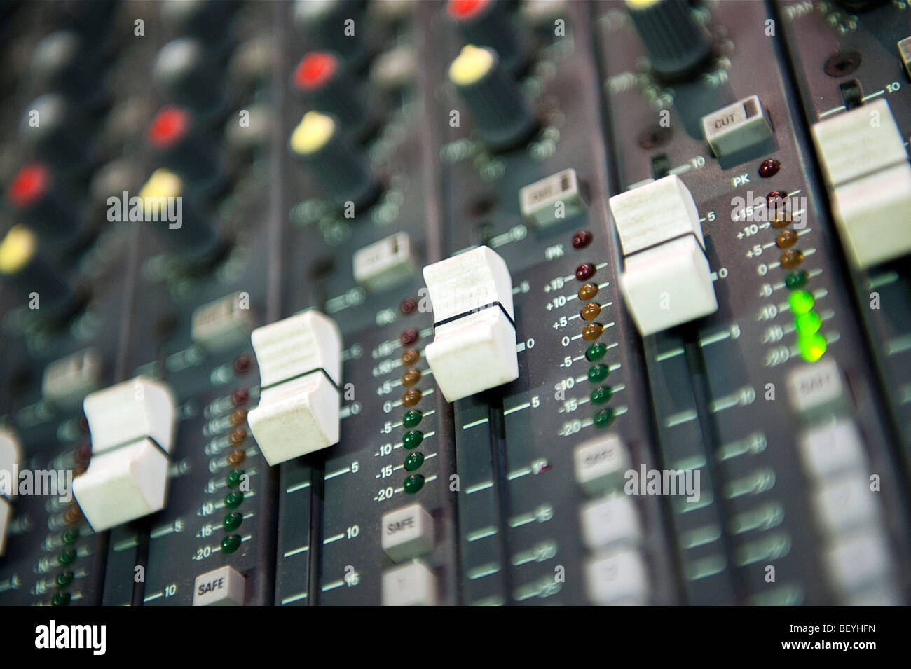 Close up view of a professional sound mixing desk used for mixing live