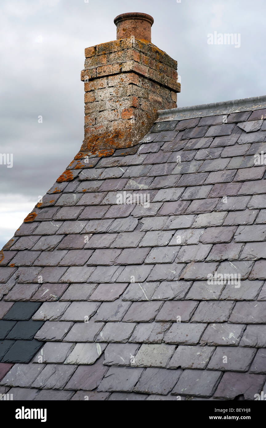 Slate roof on a building adjacent to Scurdie Ness Lighthouse near Montrose on the North East Coast of Scotland. Stock Photo
