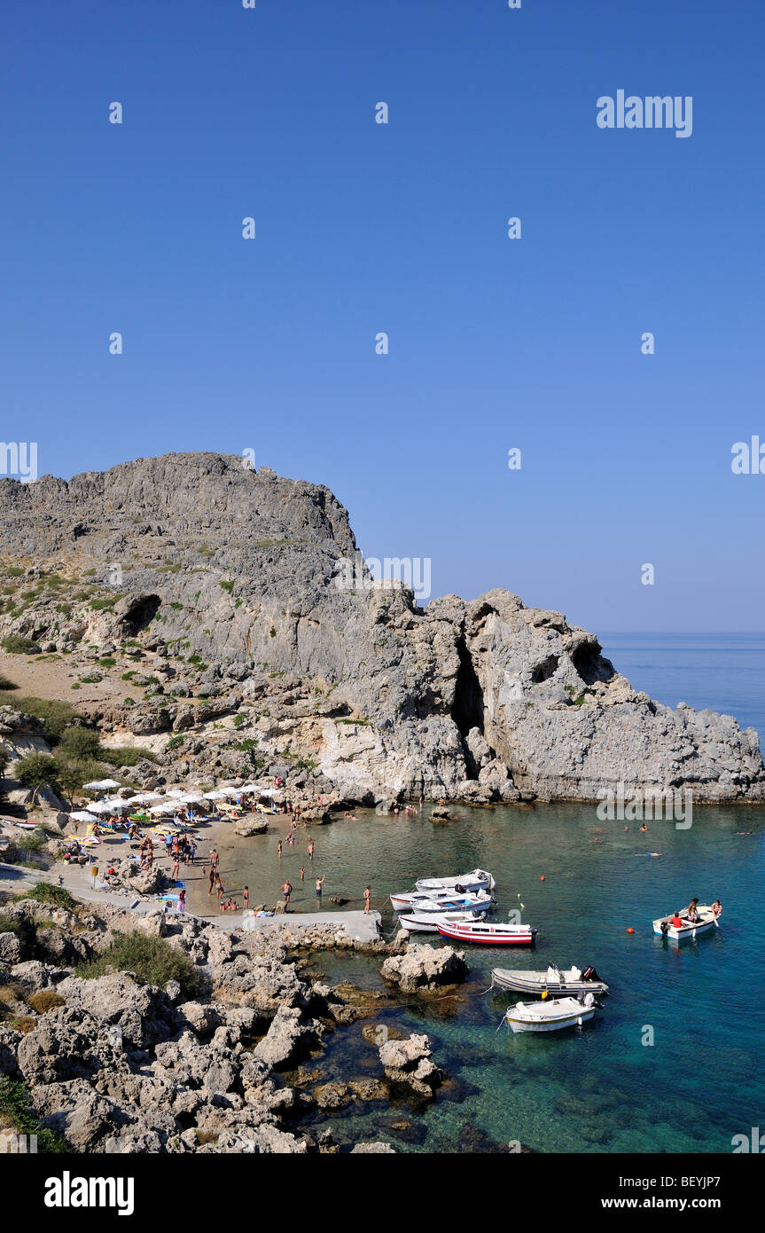 St Paul bay and beach near Lindos, Rhodes island, Greece Stock Photo