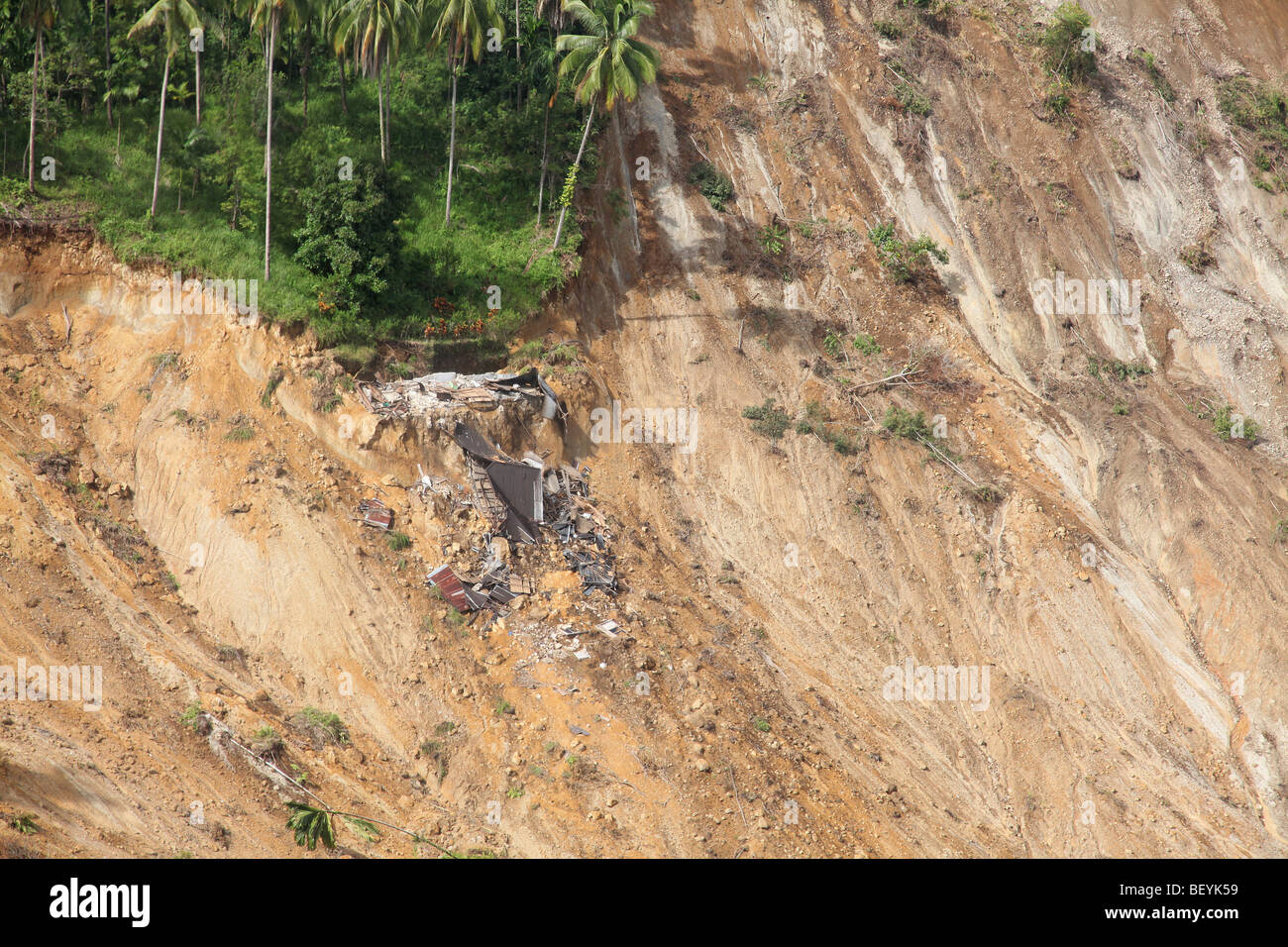 Aerial of a landslide near Padang Alai, West Sumatra, Indonesia following the earthquake of 2nd October 2009 Stock Photo