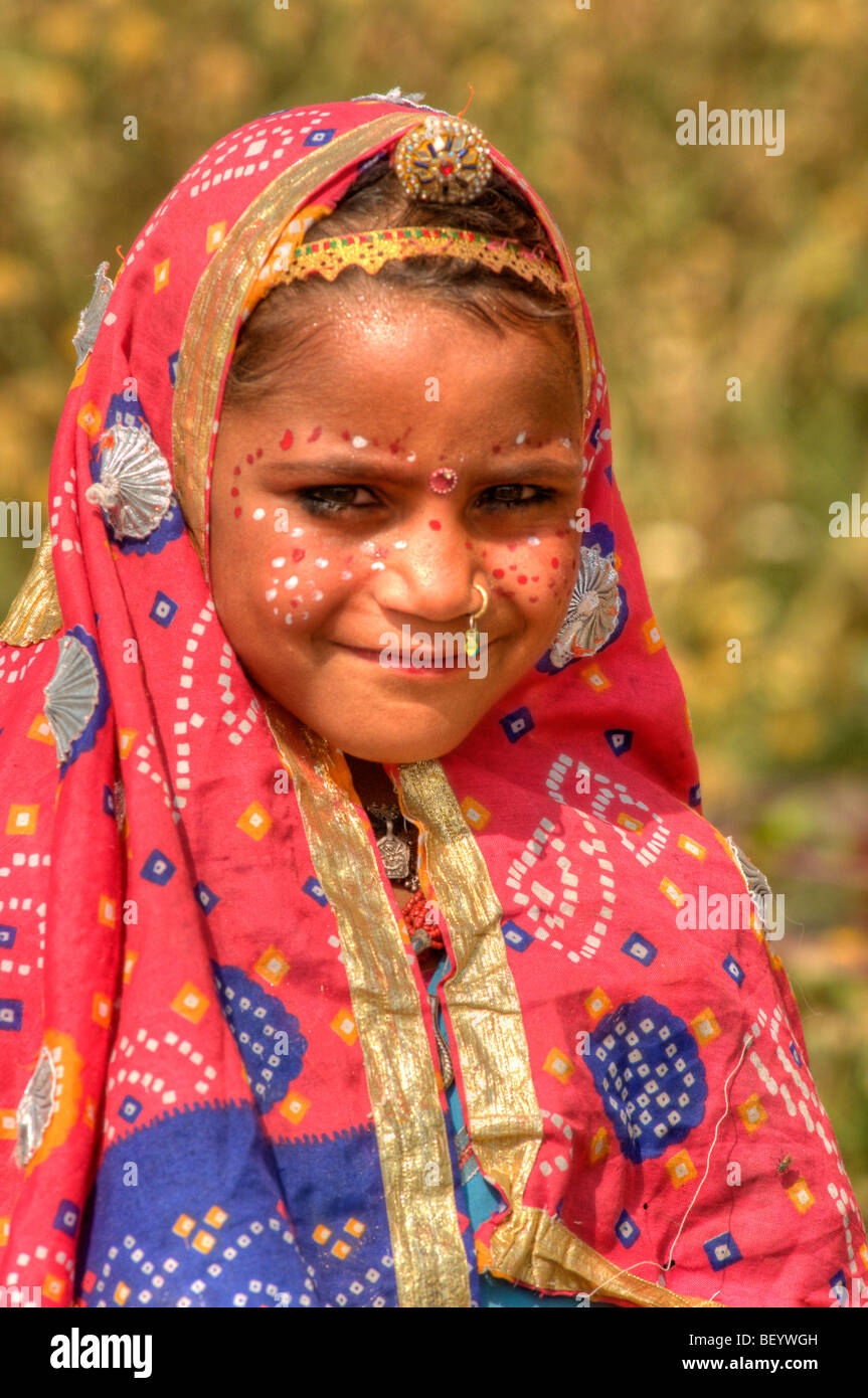 Young Indian girl wearing a colorful traditional costume Stock Photo