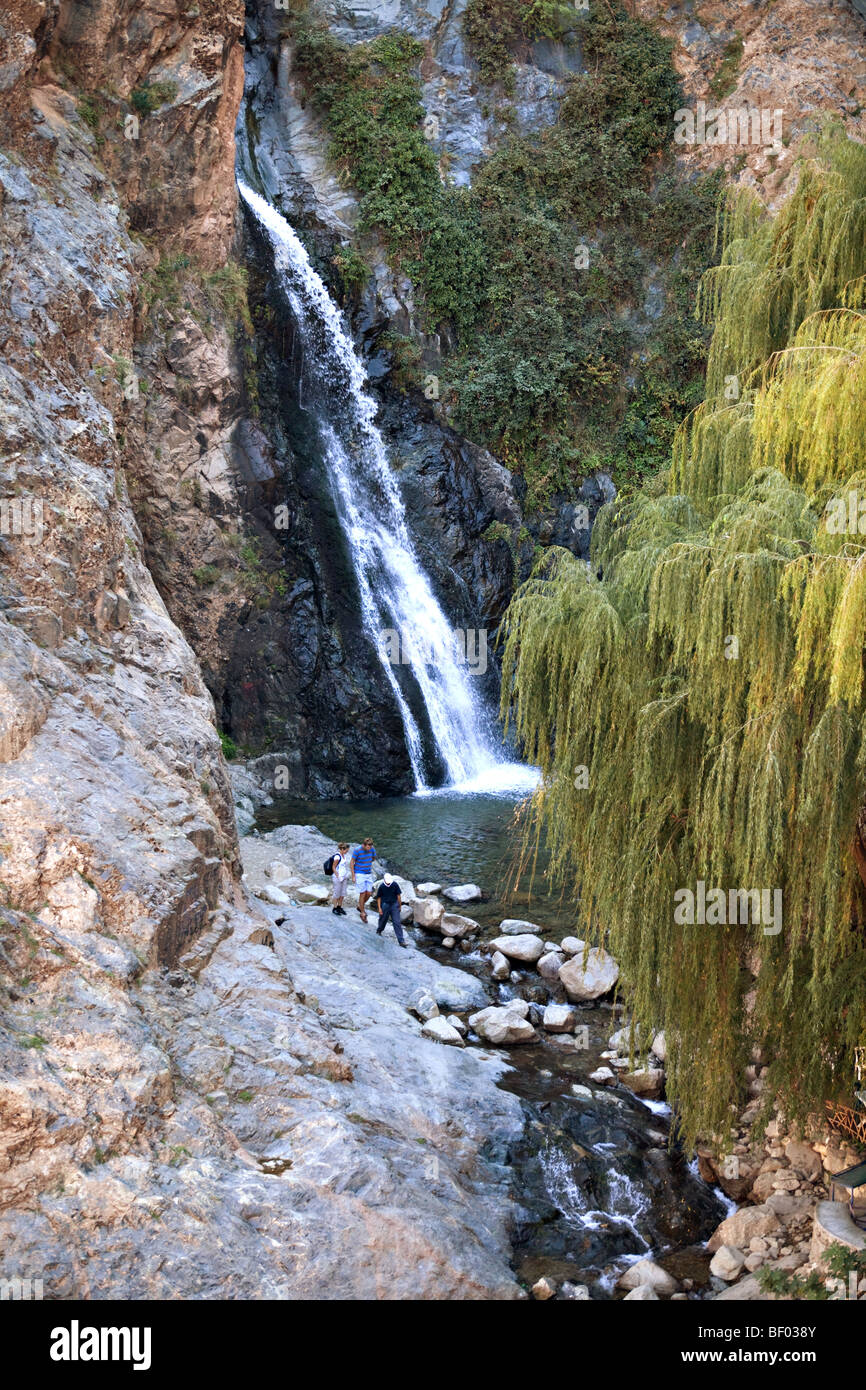 Tourists visiting waterfall in Setti Fatma berber village in Ourika valley, high Atlas mountains , Morocco. Stock Photo
