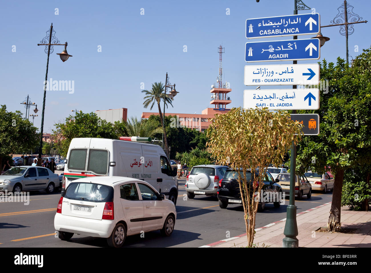 A street scene in the center of the Ville Nouvelle in modern district of Marrakesh, Morocco Stock Photo