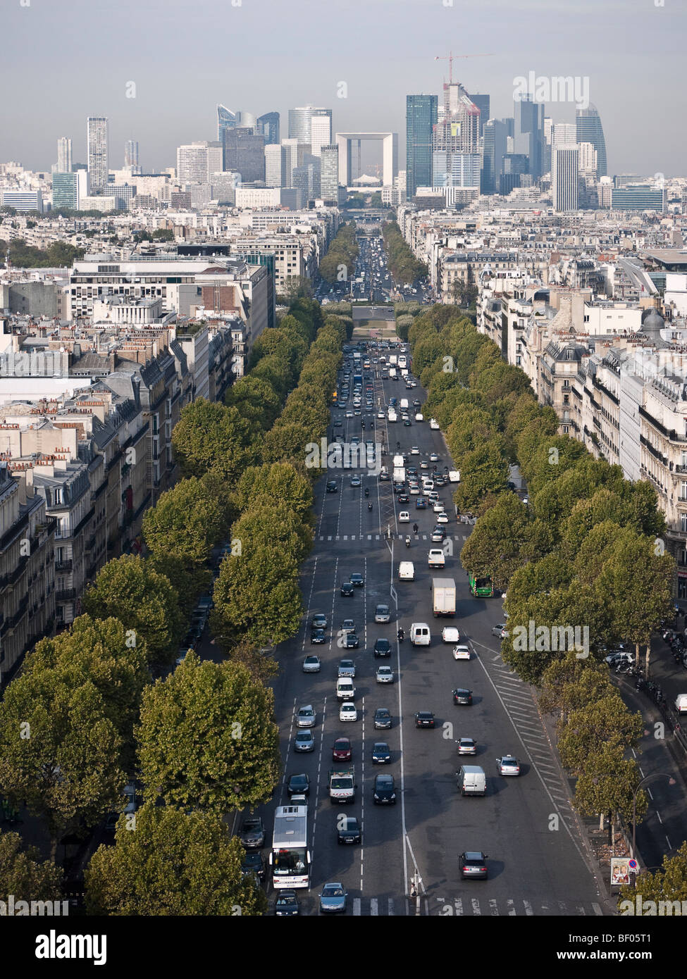 View down Avenue de la Grande Armee towards Grande Arche La Defense Paris France Stock Photo