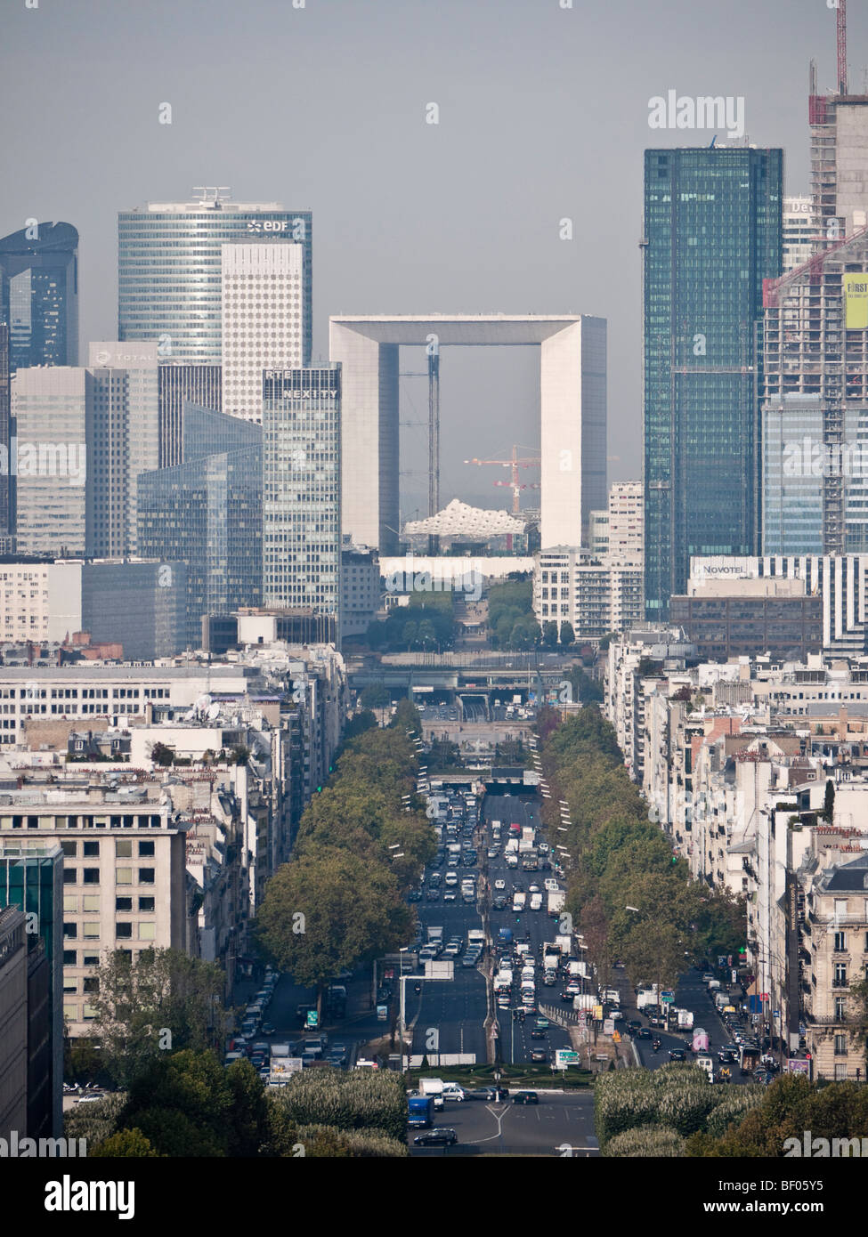 View down Avenue de la Grande Armee towards Grande Arche La Defense Paris France Stock Photo