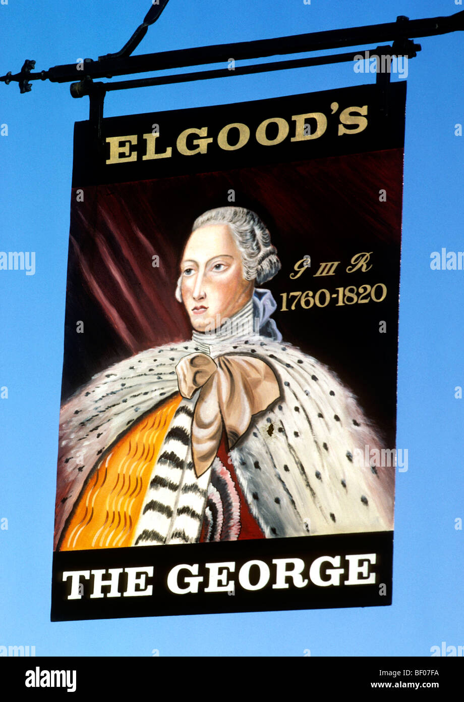 The George pub inn sign Doddington Cambridgeshire, King George 3rd English signs portrait board boards England UK public house Stock Photo