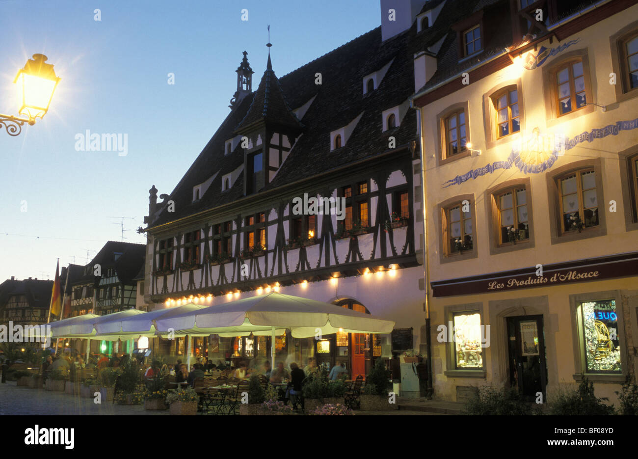 Restaurant La Halle Aux Bles at night in Obernai, Alsace, France Stock Photo