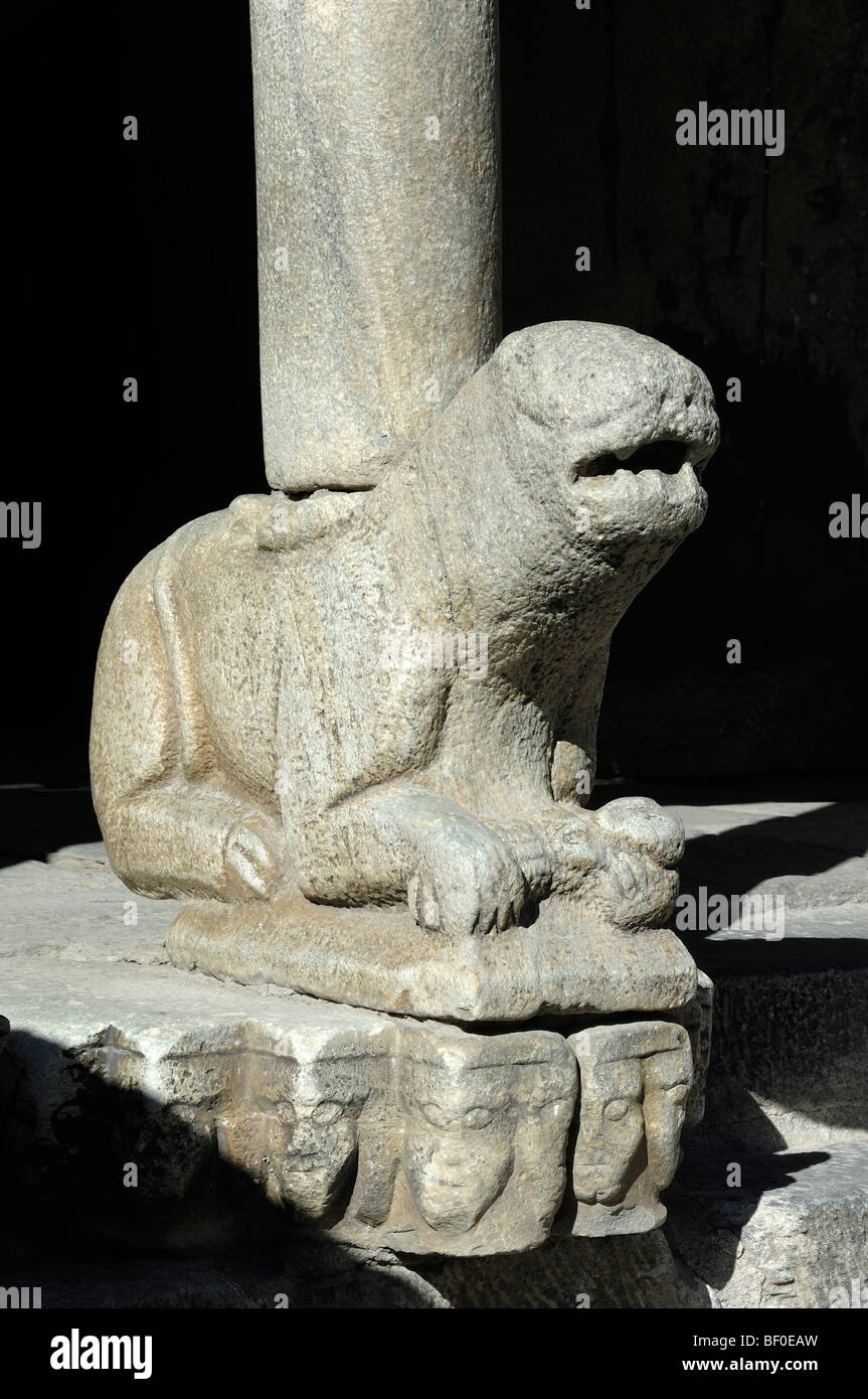 Carved Stone Lion & Column at the Entrance to Saint-Véran Church Saint Veran Village Queyras French Alps France Stock Photo