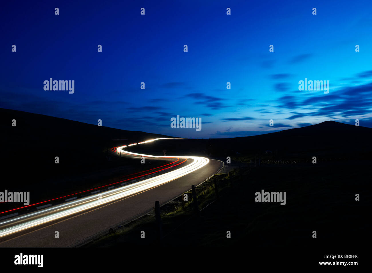 Light Trails on the The Mountain Road Isle Of Man Stock Photo