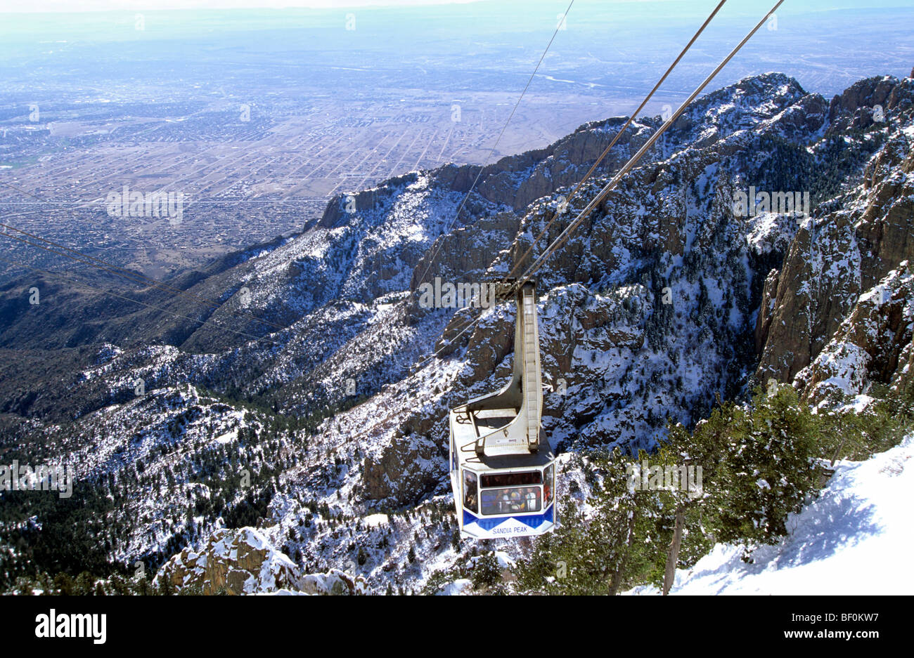 Sandia Peak Aerial Tramway, (2.7 miles) is the world's largest single span tram, Albuquerque, New Mexico, USA. Stock Photo