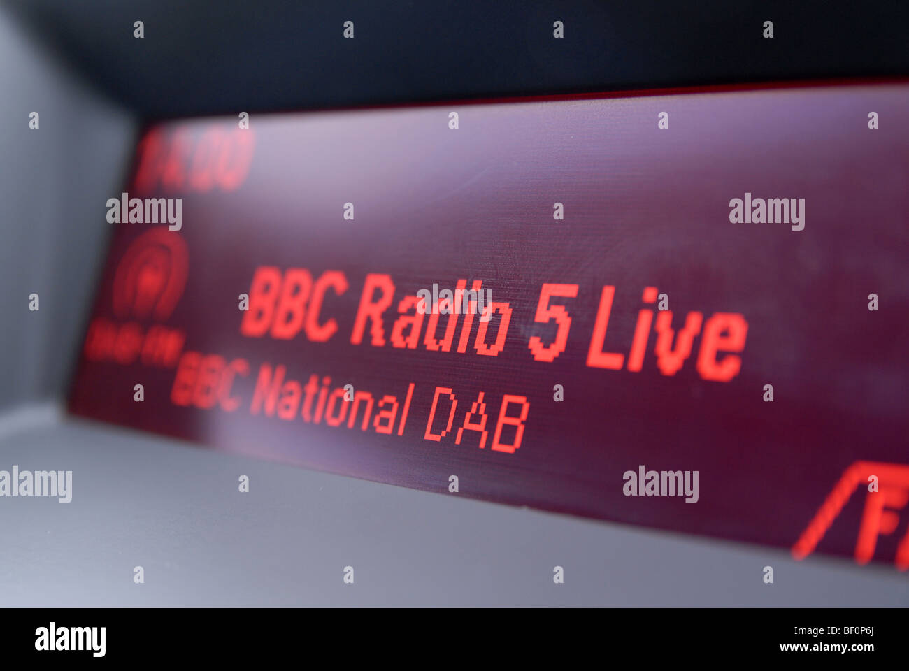 A car radio display showing BBC Radio 5 Live Stock Photo Alamy