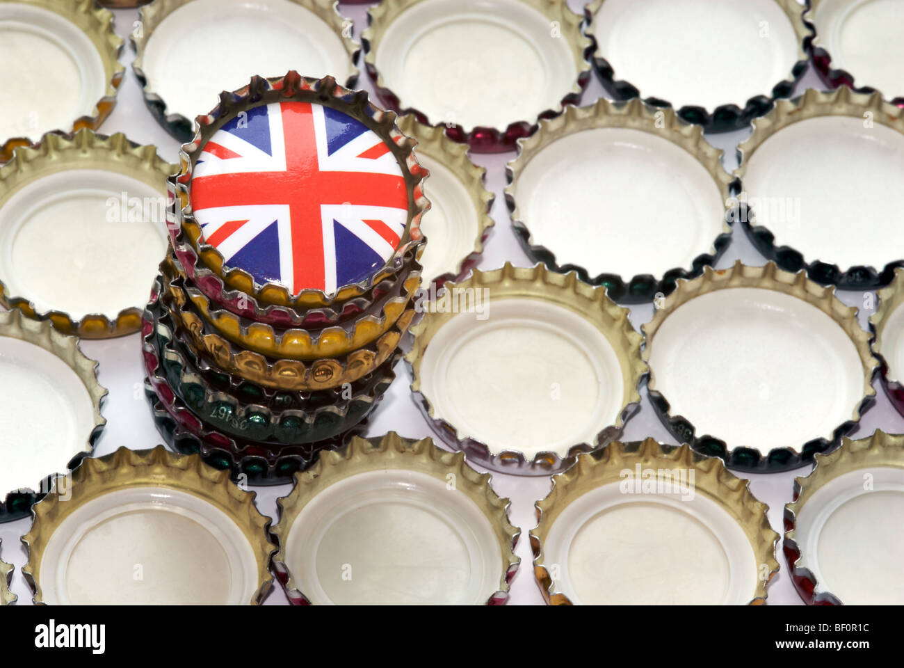 Bottle caps with a Union Jack Stock Photo Alamy