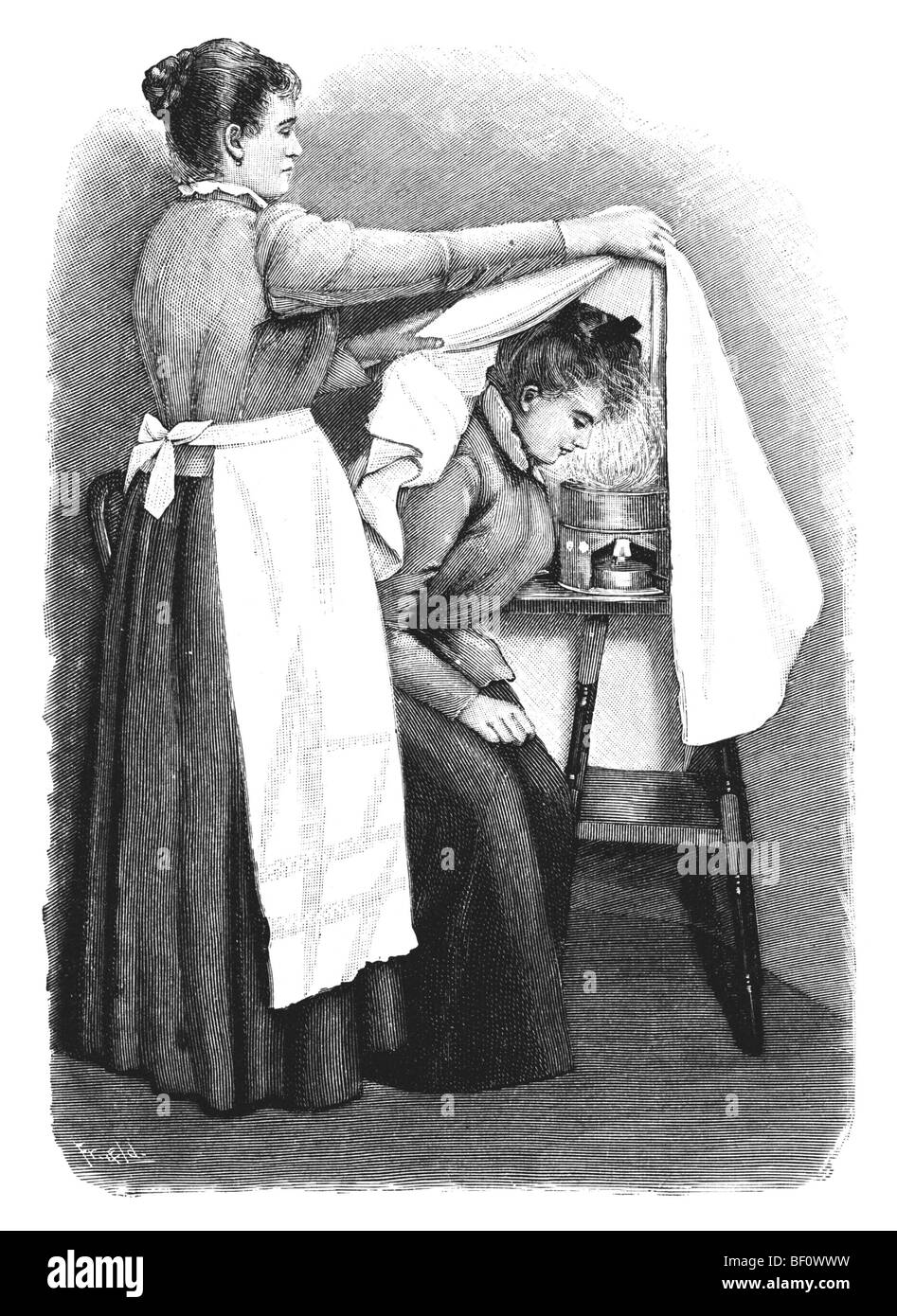 Head steam bath, historical illustration from: Anna Fischer Dueckelmann: The woman as a family doctor, 2nd edition, Stuttgart, Stock Photo