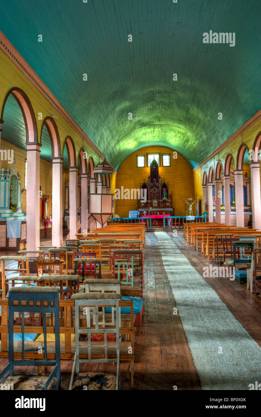 Church of  Tenaun, Chiloe Island, Chilota architecture,  unique architectural phenomenon in the Americas Stock Photo