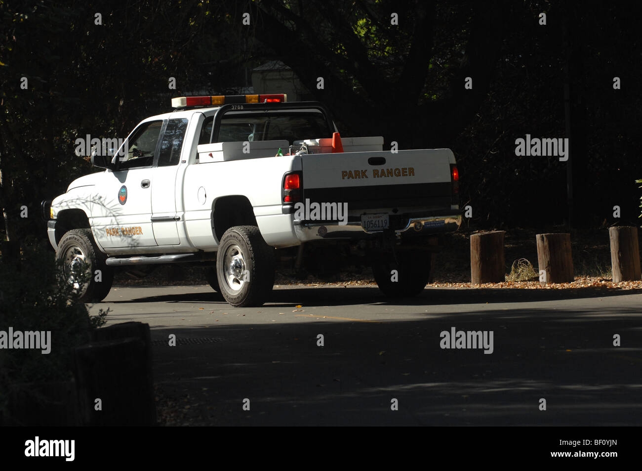 A Park Ranger vehicle patrols Irvine Regional Park in a white truck with flashing lights on top. Stock Photo